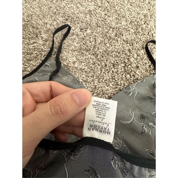 vintage y2k morgan taylor intimates tank top camisole gray leafs black lace M - Picture 4 of 6